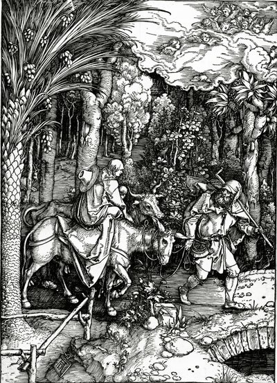 1511年に出版された「聖母の生涯」シリーズの「エジプトへの飛行」（木版画 作： Albrecht Dürer