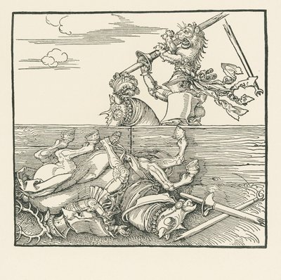 外国人トーナメント。対戦相手のヤコプ・デ・ヘリを鞍から降ろしたマクシミリアン 1517-18年頃（木版画） 作： Albrecht Dürer or Duerer
