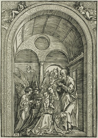 吹き抜けの広間にいる二人の天使と聖家族 作： Albrecht Dürer or Duerer