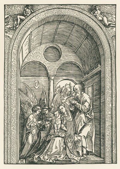 聖家族とポルティコの2人の天使、1503-04年頃（木版画） 作： アルブレヒト・デューラーまたはデューラー