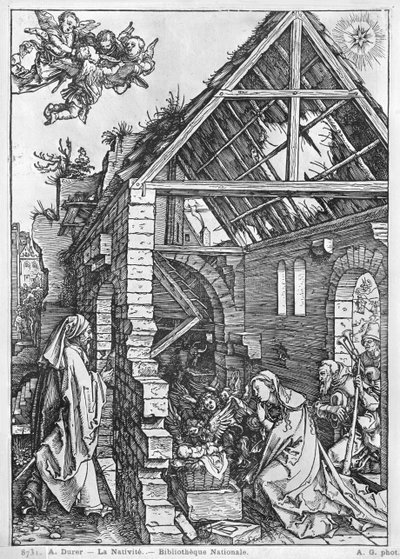 『聖母の生涯』シリーズのキリスト降誕、1503年頃（木版画）（白黒写真） 作： Albrecht Dürer