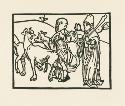 牛を追い出す法衣姿の司祭と、その前を行く侍女 1489-90年頃 （木版画） 作： アルブレヒト・デューラーまたはデューラー