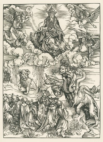 海の怪物と小羊の角を持つ獣。聖ヨハネの黙示録、1496-97年頃（木版画） 作： アルブレヒト・デューラーまたはデューラー
