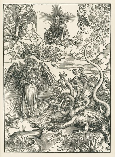 太陽をまとった女と七つの頭を持つ竜。聖ヨハネの黙示録 1497年頃（木版画） 作： アルブレヒト・デューラーまたはデューラー