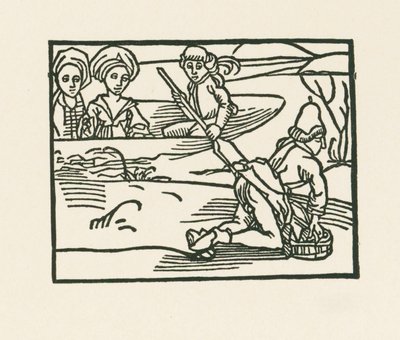 公爵夫人がボートに乗り、司祭が下着を洗っている水上、1489-90年頃（木版画） 作： アルブレヒト・デューラーまたはデューラー