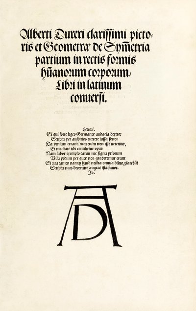 Hierinn sind begriffen vier bücher von menschlicher Proportion "のデュラーの木版モノグラムが描かれたタイトルページ。 作： Albrecht Dürer