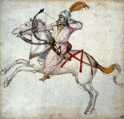 馬に乗ったアーチャーです。アルブレヒト・デューラー（1471-1528）のドローイング。 作： Albrecht Dürer