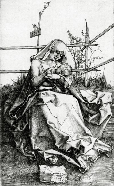 芝生のベンチに座る聖母子 作： Albrecht Dürer