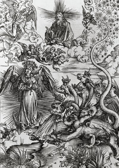 アポカリプスの女と7つの頭を持つ竜、アポカリプス 作： Albrecht Dürer