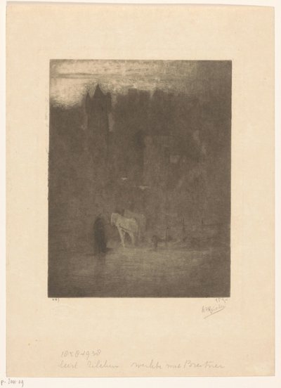 霧の中の城の人物と 2 頭の馬 作： Albrecht Felix Reicher (signed by artist)