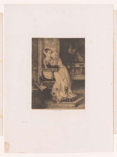 女の子は高い椅子に座っている女の子の頬にキスをします 作： Albrecht de Vriendt