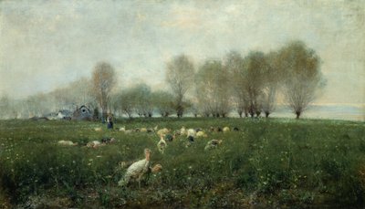 夕方の田園風景の中の七面鳥（油彩・キャンバス 作： Alceste Campriani