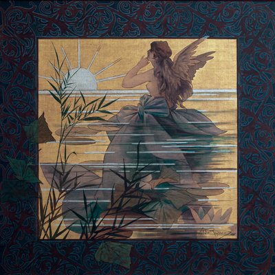 日の出の翼のあるニンフとのコンポジション - Alexandre de Riquer i Ynglada (1856-1920) の絵画 作： Alejandro de Riquer