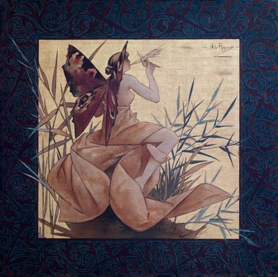 葦の間の翼のあるニンフとのコンポジション - Alexandre de Riquer i Ynglada (1856-1920) による絵画 作： Alejandro de Riquer