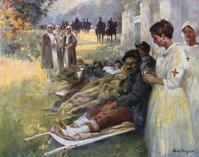 First Aid」：第一次世界大戦中、フランスのドレッシングステーションでの負傷兵とその看護師 作： Alejandro de Riquer