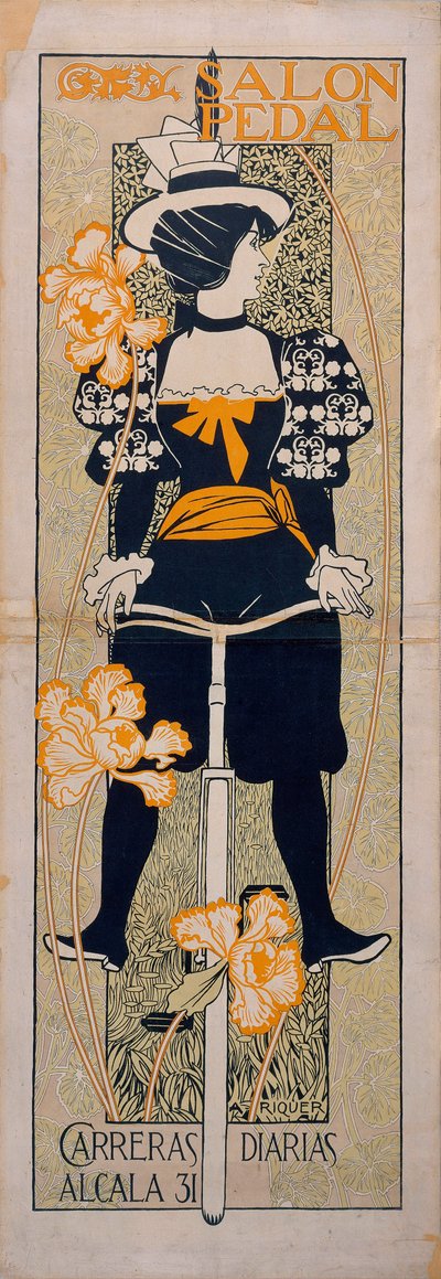 「サロン ペダル」マラガ (スペイン) のサイクリング トラックの広告 - アレクサンドル デ リケル イ イングラーダ (1856-1920) によるリトグラフ 作： Alejandro de Riquer