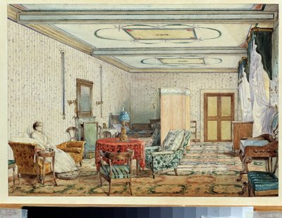 インテリア（インテリア）。 Alexander Andreyevich Ivanov (1806-1858) の作品、紙に水彩と白、19 世紀のロシアの芸術。 国立美術館、ニジニ・ノヴゴロド（ロシア） 作： Aleksandr Andreevich Ivanov
