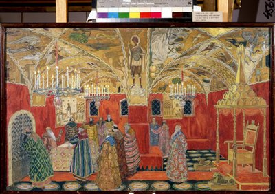 クレムリンで。 モデスト・ムソルグスキー（1839-1881）によるオペラ「ボリス・ゴドゥノフ」の準備図（クレムリンにて。M.ムソルグスキーによるオペラ「ボリス・ゴドゥノフ」のセットデザイン）。 Alexander Yakovlevich Golovin (Alexander Golovin) (1863-1930) の作品、水彩、 作： Aleksandr Jakovlevic Golovin