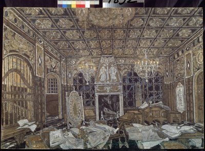 ウィリアム・シェイクスピア (1564-1616) の作品「オセロ」の装飾準備 (ウィリアム・シェイクスピアによる劇「オセロ」の舞台デザイン) - Peinture de Alexander Yakovlevich Golovin (Alexandre Golovine) (1863-1930)、tempera sur bois 作： Aleksandr Jakovlevic Golovin