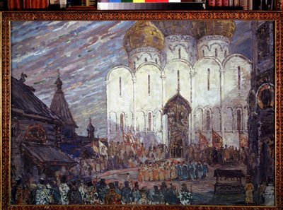 モデスト・ムソルグスキー（1839-1881）によるオペラ「ボリス・ゴドゥノフ」の準備装飾（M.ムソルグスキーによるオペラ・ボリス・ゴドゥノフの舞台デザイン）。 Alexander Yakovlevich Golovin (Alexander Golovin) (1863-1930) の作品、厚紙にグワッシュ 作： Aleksandr Jakovlevic Golovin