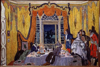 Alexandre Dargomyjski (1813-1869) によるオペラ「Le guest de pierre」の準備装飾 (オペラ The Stone Guest の舞台デザイン、A. Dargomyzhsky による)。 Alexander Yakovlevich Golovin（Alexander Golovin）（1863-1930）による絵画、木に油彩 作： Aleksandr Jakovlevic Golovin