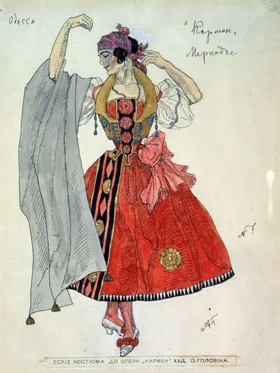 ジョルジュ・ビゼー（1838-1875）によるオペラ「カルメン」の衣装デザイン（G.ビゼーによるオペラ「カルメン」の衣装デザイン）。 Alexander Yakovlevich Golovin (Alexander Golovin) (1863-1930) の作品、紙にインクと水彩 作： Aleksandr Jakovlevic Golovin