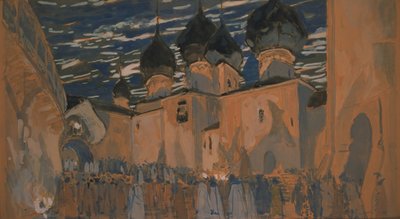 オペラの舞台デザイン、N。リムスキーコルサコフ作「プスコフの乙女」、1901 作： Aleksandr Jakovlevic Golovin
