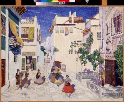 Une rue a Seville (スペイン)、ジョルジュ ビゼー (1838-1875) によるオペラ カルメンの装飾 (セビリアの通り、G.ビゼーによるオペラ カルメンの舞台デザイン)。 Alexander Yakovlevich Golovin (Alexander Golovin) (1863-1930) の作品、紙にテンペラ 作： Aleksandr Jakovlevic Golovin