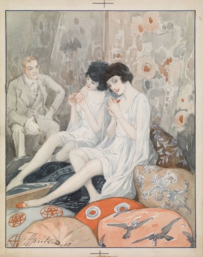 アレクサンダー・アプシット(1880-1944)の水彩画「花瓶の中の貴婦人(Lady in Her Boudoir) 作： Aleksandrs Apsit