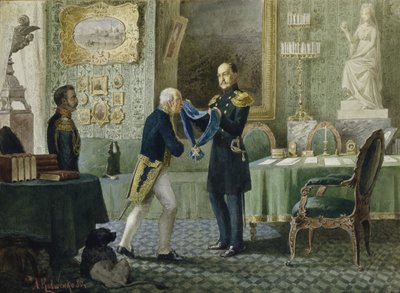 ニコラス皇帝、1880年、ミハイルスペランスキー伯爵に聖アンドリュー勲章の青い配偶者を授与 作： Aleksei Danilovich Kivshenko