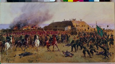 1877 年 10 月 24 日のゴルニ ドゥブニク (Gorni-Dubnik) の要塞の占領。露土戦争: ロシア軍のコサックとオスマン帝国の兵士の間の戦闘シーンシプカ（ブルガリア）。 作： Aleksei Danilovich Kivshenko