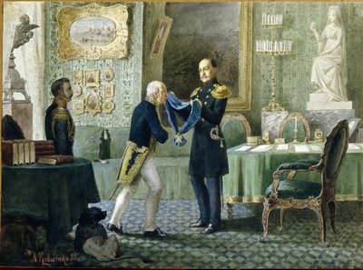 ロシア皇帝ニコラス 1 世 (1796 ～ 1855 年) は、ミハイル スペランスキー伯爵 (1772 ～ 1839 年) に聖アンドレ勲章のブルー リボンを贈呈しました。 （皇帝ニコラス1世はミハイル・スペランスキーを数えるために聖アンドリュー勲章のブルーリボンを授与します）。 アレクセイ・ダニロビッチの作品 作： Aleksei Danilovich Kivshenko