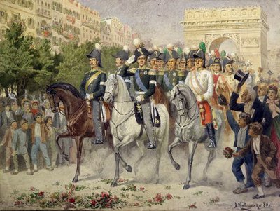 1880年にパリに進軍するロシア軍と連合軍（紙にトイレ） 作： Aleksei Danilovich Kivshenko