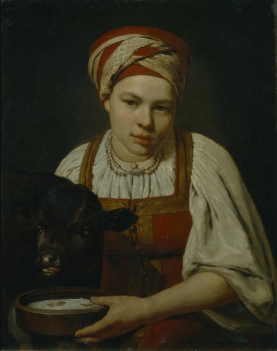 1820年代の終わり、子牛を持つ農民の少女 作： Aleksei Gavrilovich Venetsianov