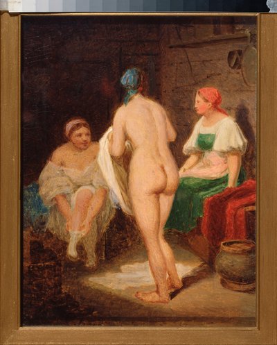 Dans le bain devapor (In Steam Bath) - Alexei Gavrilovich Venetsianov (1780-1847) 作、ボール紙に油彩、1820 年末、ロシア美術 19 世紀、ロマンチシズム - State Tretyakov Gallery、モスクワ 作： Aleksei Gavrilovich Venetsianov