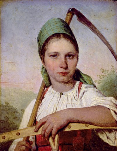 鎌と熊手を持った農民の女性、1825年頃（パネルに油彩） 作： Aleksei Gavrilovich Venetsianov