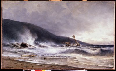 Ecume a Cap Martin (フランス) (Cap Martin でサーフィン)。 Alexei Petrovich Bogolyubov (Bogoliubov または Bogolioubov) (1824-1896) による絵画。 キャンバスに油彩 作： Aleksei Petrovich Bogolyubov