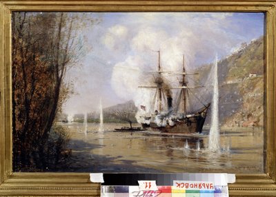 1877 年 6 月 16 日にトルコ船を攻撃するロシアの駆逐艦シュトカ (1877 年 6 月 16 日にトルコ船を攻撃するロシアの駆逐艦シュトカ)。 ロシアの武装艦隊とオスマン帝国の艦隊との間のボスポラス海峡での戦いの説明、 作： Aleksei Petrovich Bogolyubov