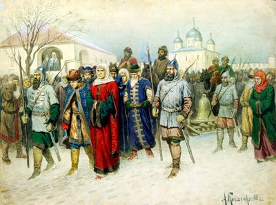 「モスクワ市長マーサのエスコート」、1880年。 作： Aleksey Kivshenko
