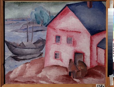 川の近くのピンクの家（川のピンクの家）。 夫婦で、ボートと係留船。 Alexei Ilyich Kravchenko (1889-1940) の絵画、キャンバスに油彩 作： Aleksey Kravchenko