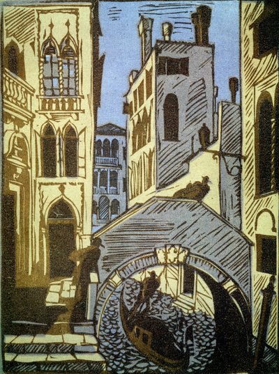 ヴェネツィア、イタリア (ベニス)。 運河、ゴンドラ、橋、街のファサード。 Alexei Ilyich Kravchenko (1889-1940) の作品、木版画。 ロシアの芸術、19 ～ 20 世紀の風景。 国立トレチャコフ美術館、モスクワ。 （ロシア）。 作： Aleksey Kravchenko