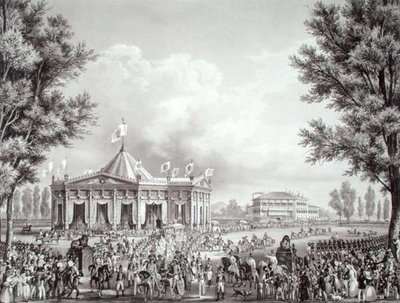 フェルディナンド1世（1793-1875）の戴冠式のために建てられたパビリオンを通過する行列 作： Alessandro (after) Sanquirico