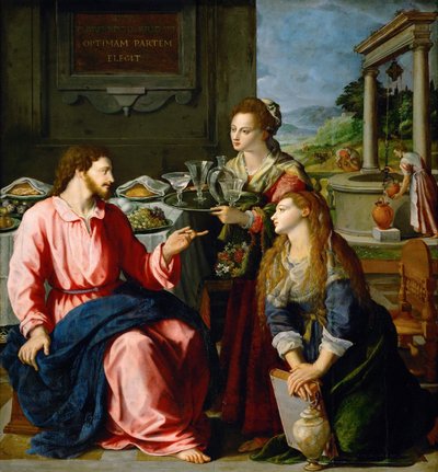 マーサとマリアの家のキリスト、1605 作： Alessandro Allori