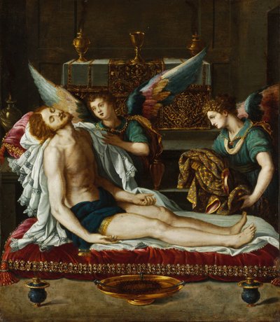 Le Corps du Christ oint par deux anges - 二人の天使によって油そそがれたキリストの体 - アローリ、アレッサンドロ (1535-1607) - 1593年頃 - 銅に油彩 - 45x39 - Szepmuveszeti Muzeum、ブダペスト 作： Alessandro Allori