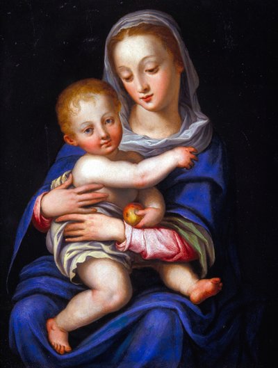 聖母子（油彩、銀メッキ銅板） 作： Alessandro Allori