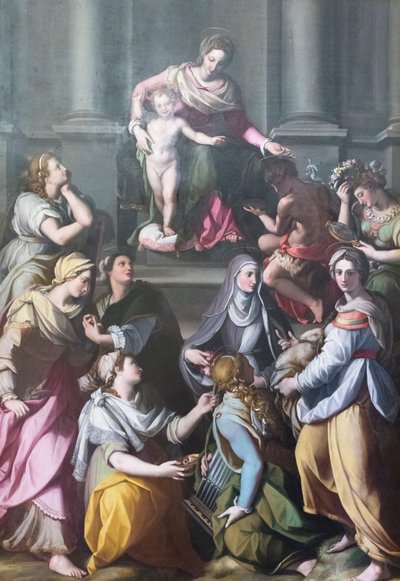 聖人や人物に囲まれ、マドンナがチャイルドとともに即位 作： Alessandro Allori