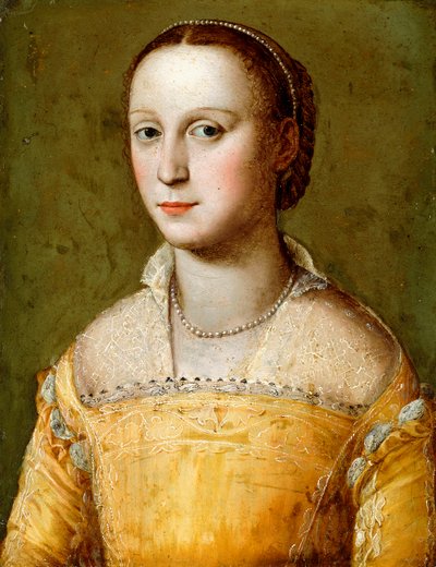 Eleanora d "Esteのポートレート、ハーフレングス、ゴールドドレスを着て、 作： Alessandro Allori