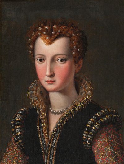 「エレオノーラ・ディ・トレド・デ・メディチまたはヴァージニア・デ・メディチの肖像」。 作： Alessandro Allori