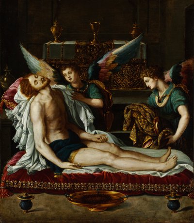 二人の天使によって油注がれたキリストの体 作： Alessandro Allori