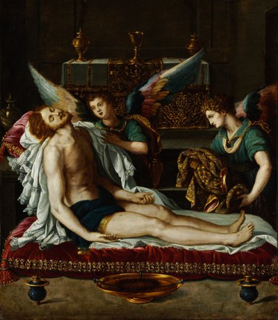 二人の天使が油そそがれたキリストの体 作： Alessandro Allori